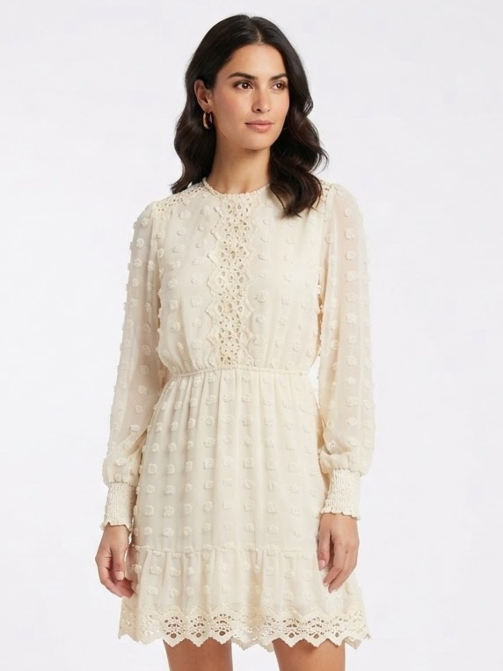 NWT LASCANA Ivory Swiss Dot Chiffon Crochet Long Sleeve Mini Dress Size Medium